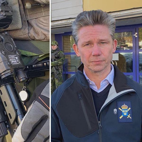 Tvådelad bild med militärer med skjutvapen på ena sidan. På den andra en porträttbild på försvarsminister Pål Jonsson (M).