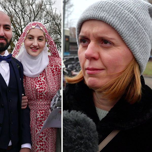 Tre sektioner visar olika människor utomhus. Första sektionen visar en person i beige kappa. Andra sektionen visar två personer, där en har på sig en kostym och den andra en rödvit klänning med slöja. Tredje sektionen visar en person i en grå mössa och svart jacka.