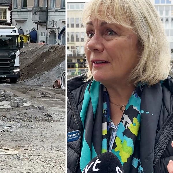 Susanne Lindholm Henningsson (KD) intervjuas om byggkaoset i Örebro vid en byggarbetsplats.