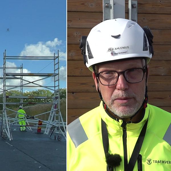 En delad bild som visar två scener. Den vänstra sidan visar en väg med byggnadsställningar och arbetare i reflexkläder som utför arbete under en klar himmel. Den högra sidan visar en person i hjälm och reflexväst som står framför en vägg.