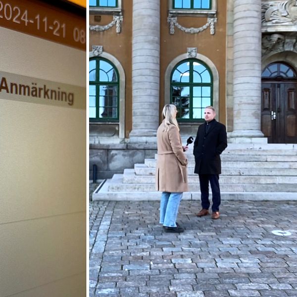 Skärmen visar en lista med detaljer om en rättslig fråga som rör häktning och sexuellt utnyttjande av barn. Till höger står två personer utanför en byggnad med klassisk arkitektur, den ena ser ut att ställa frågor, medan den andra svarar.