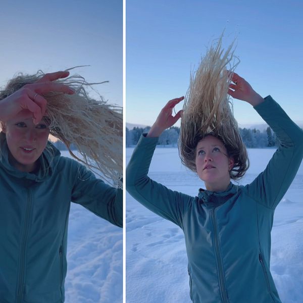 Elvira Lundgren på Nydalasjön i fryst hår och blå tröja.