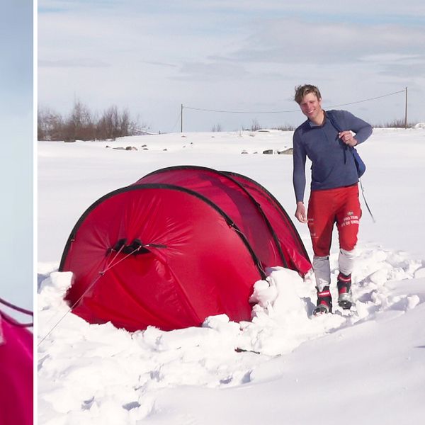 Bilden visar en man som har snö i ansiktet till vänster och till höger en man som går bredvid ett tält i ett snölandskap.
