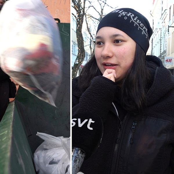 Mitten: sopsäck med kläder lyfts och slängs i en container på återvinningen i Östersund. Höger: tjej i svart jacka och svart mössa, står och funderar.