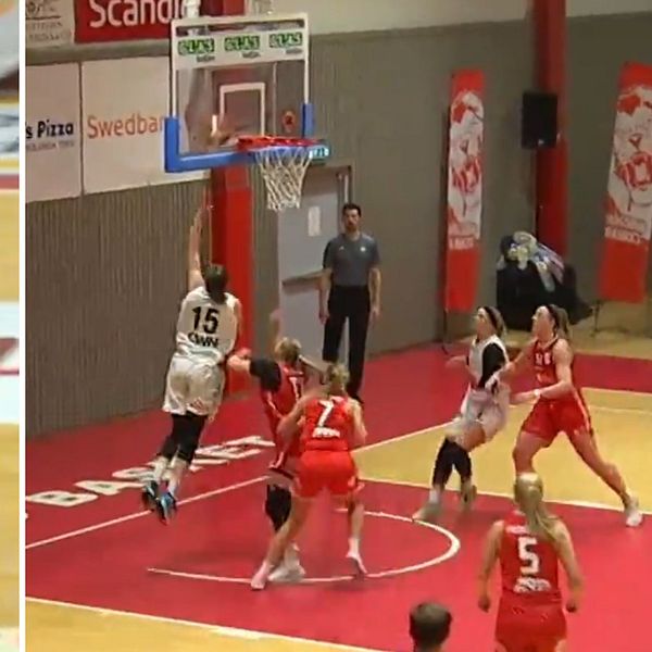 En delad bild som visar två scener från en basketmatch. Till vänster visas en spelare som går mot bänken efter en spelaktion. Till höger ses en annan spelare hoppa för att göra en layup medan motståndare försöker blockera skottet.