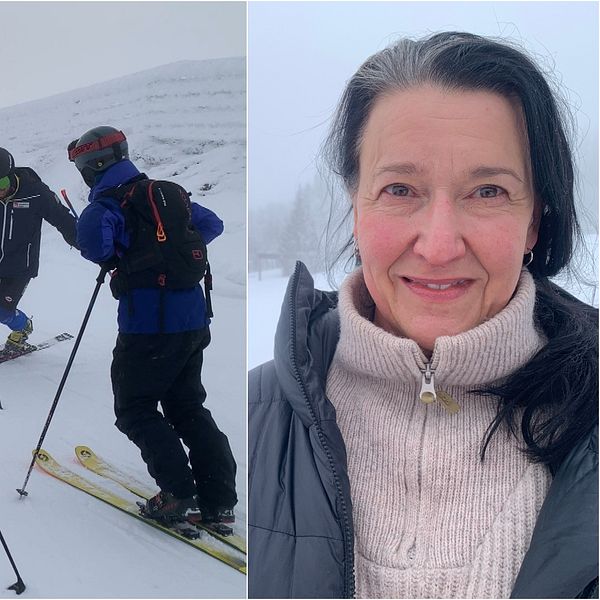 En delad bild visar till vänster en grupp skidåkare klädda i mörka skidkläder och hjälmar som står på en snötäckt backe i dimmigt väder. Till höger ses en person klädd i vinterjacka och tröja mot en suddig bakgrund.