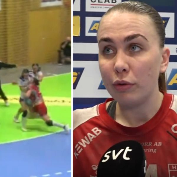 Delad bild. Vänster: Handbollsmatch, spelare i rött skjuter mot målet. Höger: Rödklädd spelare intervjuas.