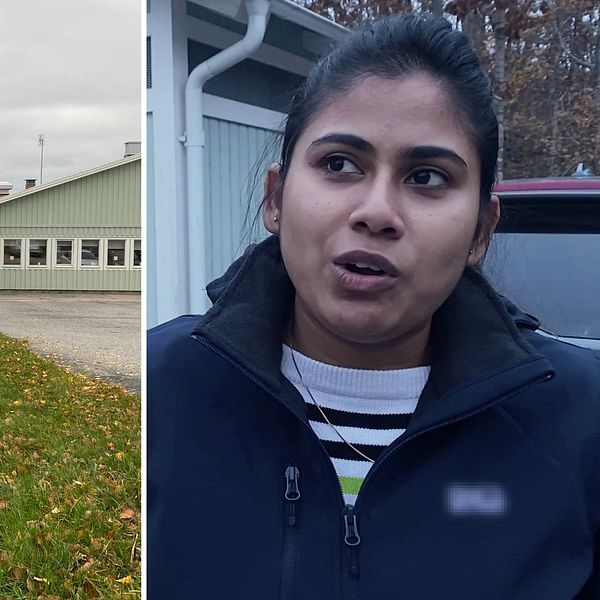 ALT-text: En delad bild med två sektioner. Den vänstra delen visar en väderblekt skylt med texten ”VERKÖ Förskola Skola,” framför en grön byggnad med fönster och takplattor. Den högra delen visar en person i en mörk jacka med en vit och svart rutig tröja, stående framför en ljust färgad byggnad, med oskarp ansiktsdetalj.