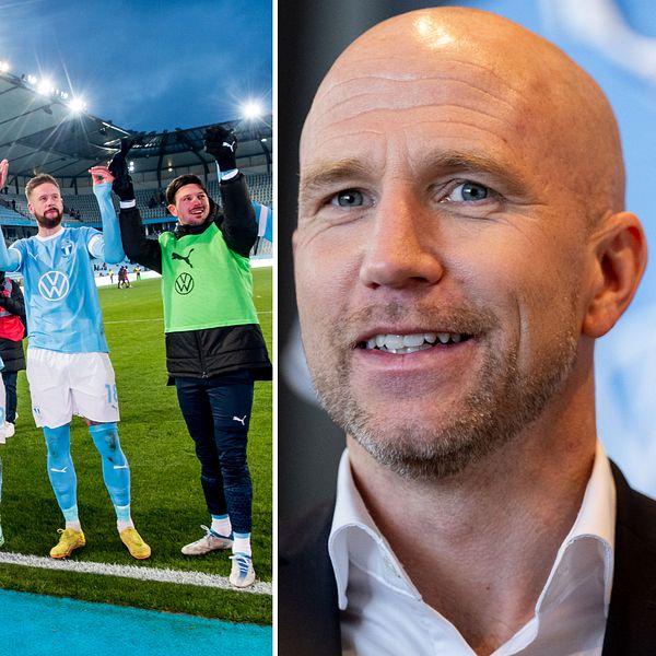 Malmöspelare firar efter vinst i Svenska cupen mot Norrköping och tränare Henrik Rydström ler på allsvensk upptaktsträff
