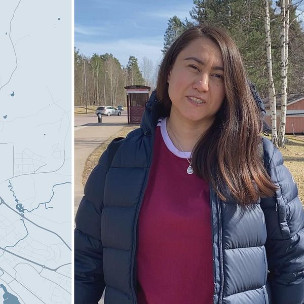 Två bilder i en, på ena sidan en karta över Falun med explosiongrafik utmärkt, på andra sidan en kvinna med långt mörkt hår.