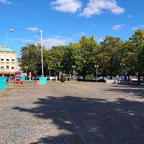 Hampus Magnusson vid Kungstorget i Göteborg med parkeringsplatser i bakgrunden