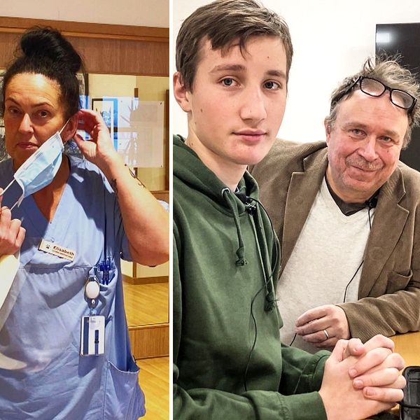 en polis , en sköterska med munskydd och en elev och lärare