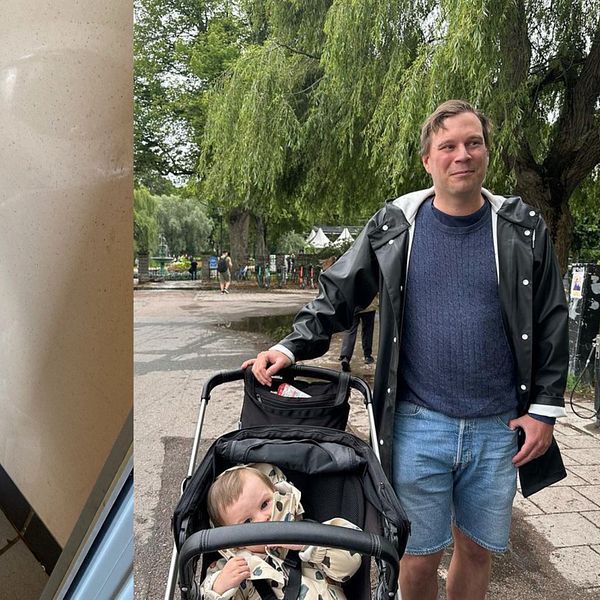 Till vänster är det en bild på en offentlig toalett och till höger är det en bild på man med barnvagn