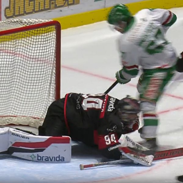 Tvådelad bild. Till vänster: målvakt i hockeyutrustning. Till höger: målvakten blockerar ett skott.