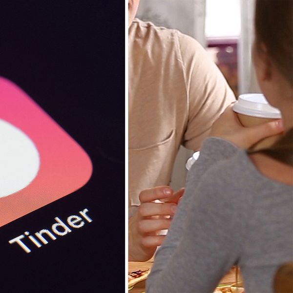 Till vänster: Tinders logga på en svart bakgrund. Till höger: ett par fikar tillsammans