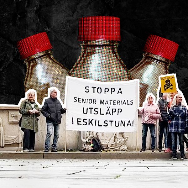 Demonstration mot Senior Materials utsläpp i Eskilstuna, personer med protestskyltar och banderoll. Svart textur och uppförstorade flaskor i bakgrunden. Bilden är ett montage.