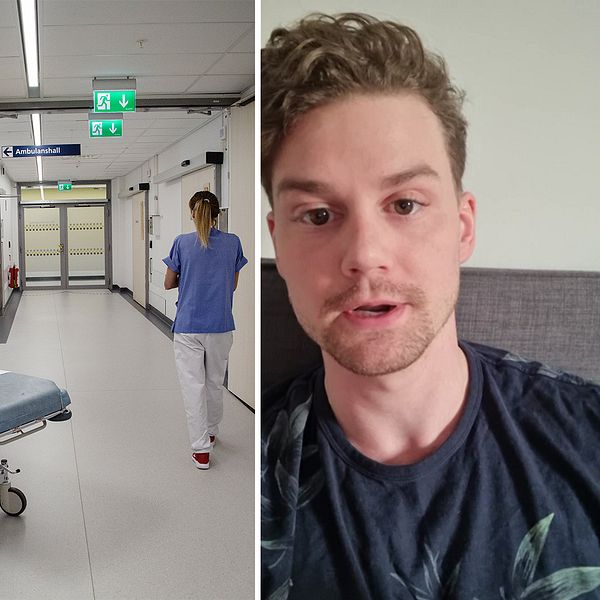 två vårdasntällda män jämte en bild på en sjukhuskorridor
