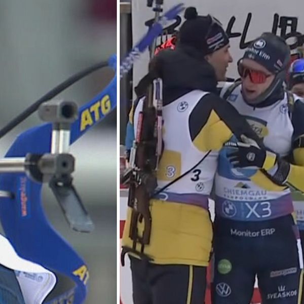 En delad bild som visar en skytt som förbereder sig för tävling med vapen och medaljer i första sektionen till vänster, och två idrottare som omfamnar varandra efter en tävling i andra sektionen till höger.