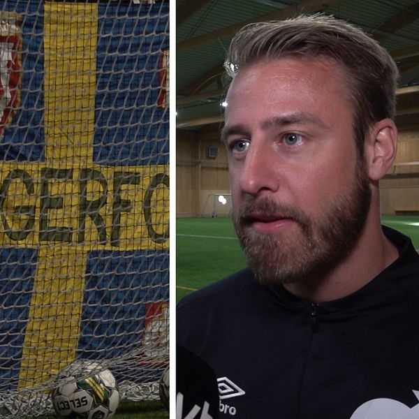 En splitbild med supporter Johan Wargclou på vänstra sidan, en svensk flagga där det står Degerfors i mitten och tränaren William Lundin på högra sidan