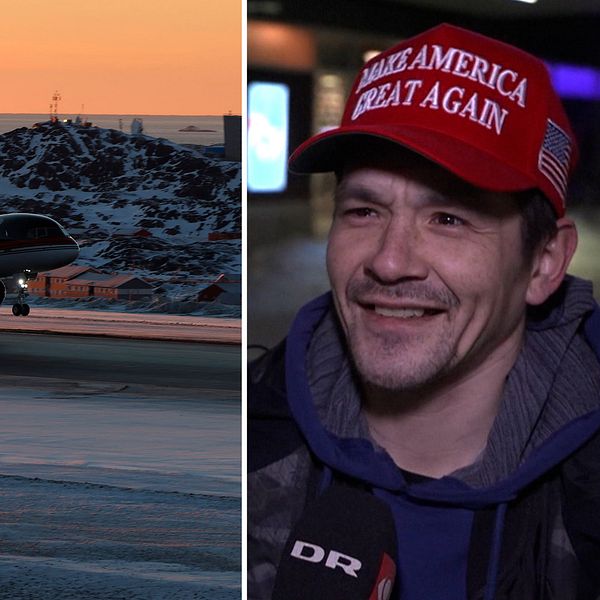 Bilden är delad i två sektioner. Den vänstra sektionen visar ett passagerarflygplan som landar på en snötäckt flygplats under en färgstark solnedgång. Den högra sektionen visar en person som bär en röd keps med texten ”Make America Great Again”.