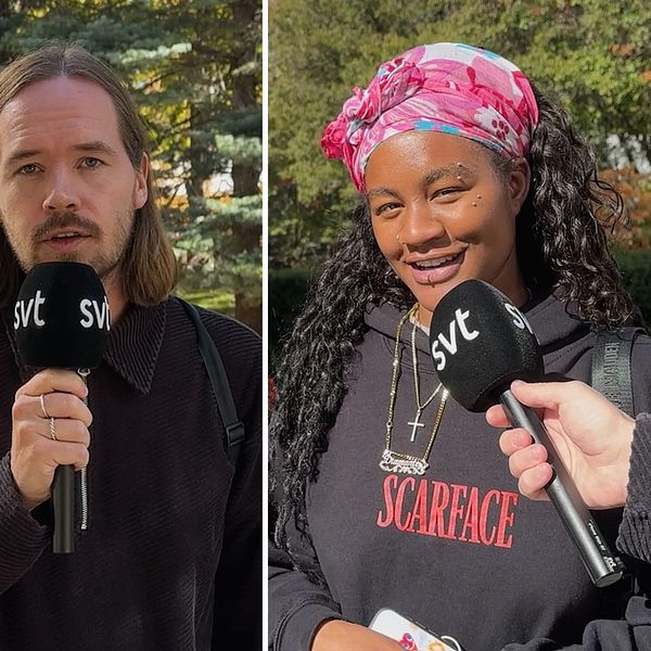 Tre sektioner av en bild som visar olika personer som håller i mikrofoner. Den första sektionen innehåller Kamala Harris, den andra visar en person i casual klädsel som står framför en kamera, och den tredje sektionen visar en person som bär en scarf med grafiskt tryck och fortfarande håller i mikrofonen. Bakgrunden varierar mellan en studio och utomhusmiljö.