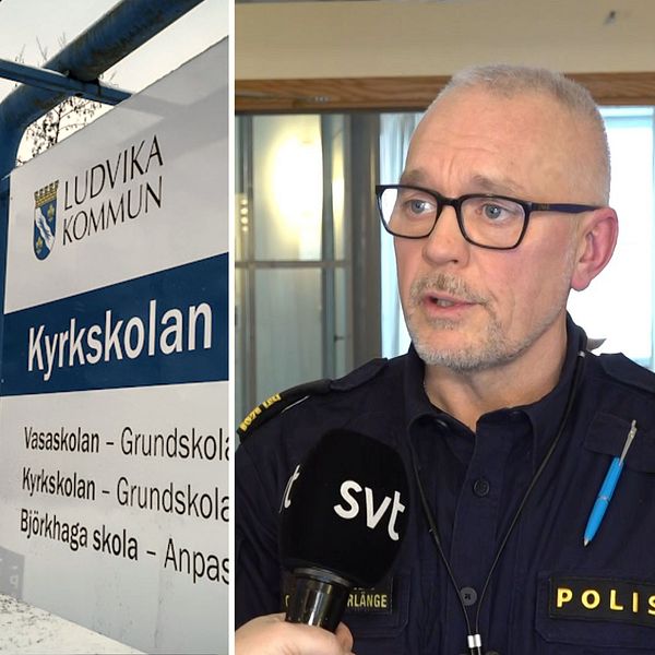 Bildens vänstra del visar en snöig miljö med en vägskylt för Kyrkskolan i Ludvika kommun, omgiven av frostiga träd och en skolbyggnad i bakgrunden. Den högra delen visar en polis som intervjuas, iklädd uniform och hållande en mikrofon från SVT.