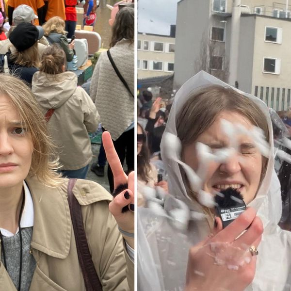 Tredelad bild. Till vänster: person på gräsmatta. I mitten: stor folksamling. Till höger: konfetti i stadsmiljö.