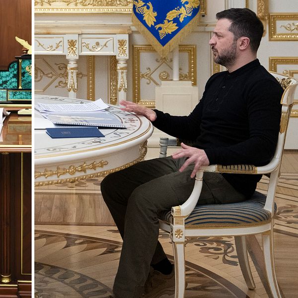 Till vänster: Putin vid skrivbord. Till höger: Zelenskyj vid mötesbord.