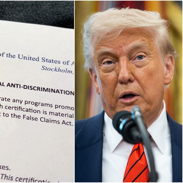 Tredelad bild. Till vänster: man i kostym. I mitten: amerikanskt dokument. Till höger: person vid mikrofon.