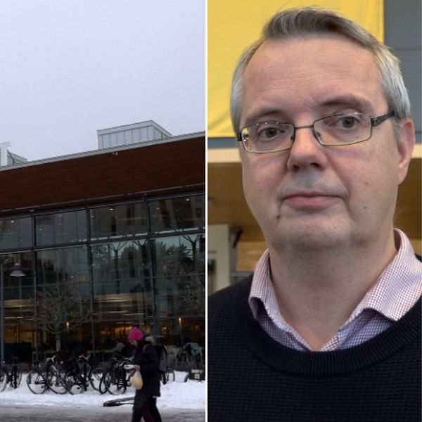Splitbild. Karlstads universitet och en man.