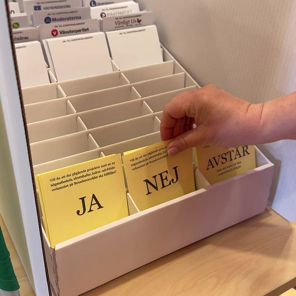 Initiativtagaren Madeleine Loostrand till höger och valblanketterna i folkomröstningen i Lomma till höger.