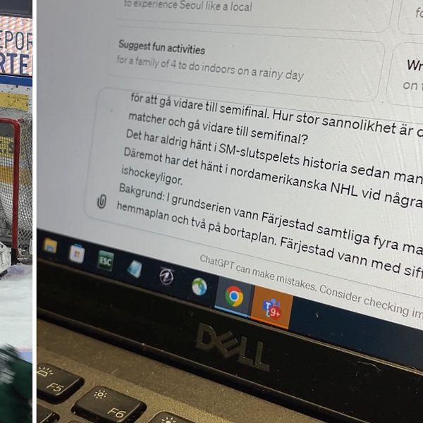 Hockey och en datorskärm med text från en AI