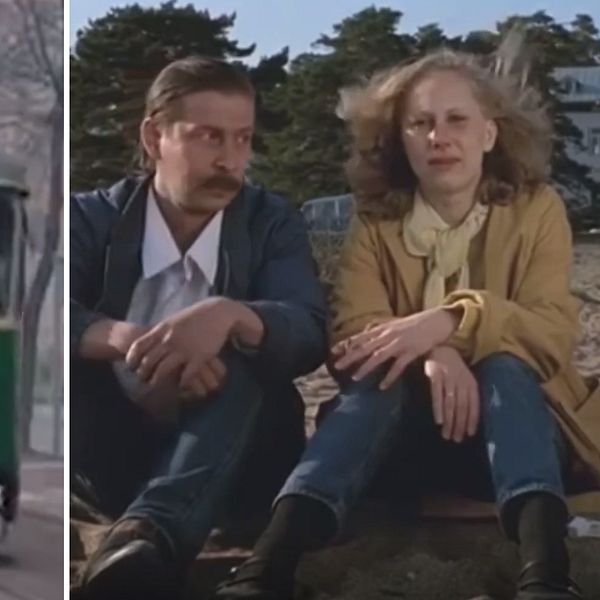 Till vänster en bild på en spårvagn ur filmen ”Flickan från tändsticksfabriken” och till höger en bild på ett par som sitter på stranden ur filmen ”Skuggor i Paradiset”
