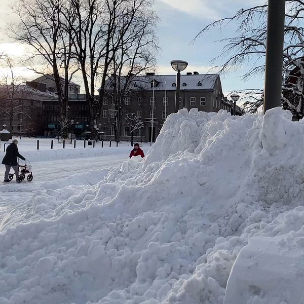 Kvinna i vinterjacka och stor snöhög