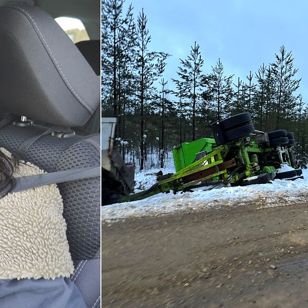En delad bild som visar två scener: till vänster en person i bilen, klädd i en svart jacka, och till höger en välte fordon i en snöig skogsmiljö med träd i bakgrunden.