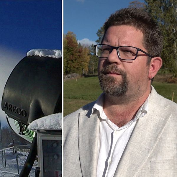 En delad bild som visar två sektioner. Den vänstra sektionen visar en snökanon som sprutar snö i ett vintrigt landskap med en klar blå himmel. Den högra sektionen visar en man klädd i en ljus kavaj som står i en grönskande miljö under en klar himmel med träd i bakgrunden.