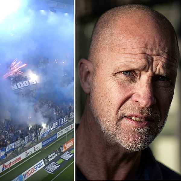 Vänstra sektionen visar en stor folkmassa på en fotbollsmatch med rök och fyrverkerier som fyller luften, medan den högra sektionen visar en man med otydlig ansiktsbild.