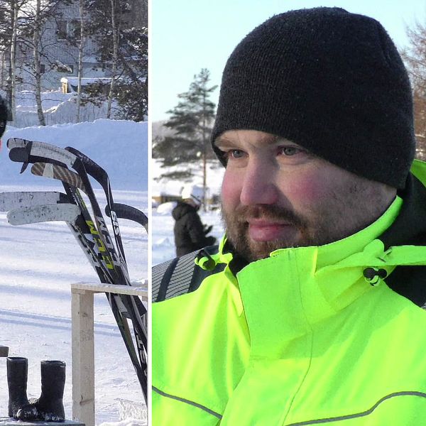 Vänster: två ungdomar åker skridskor med varsin hockeyklubba på utomhusis. Höger: man i gul varseljacka med svart mössa på huvudet.