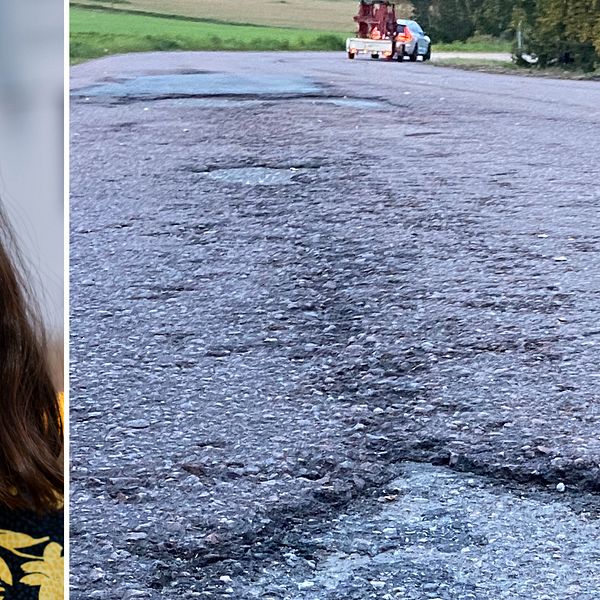 Till vänster Felicia Danielsson, presskommunikatör på Trafikverket och till höger en vägskada i asfalten.