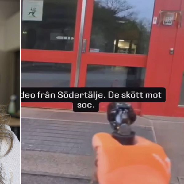 Delad bild. Vänster: person i inomhusmiljö. Höger: pistol riktas mot en entrédörr med röd ram.