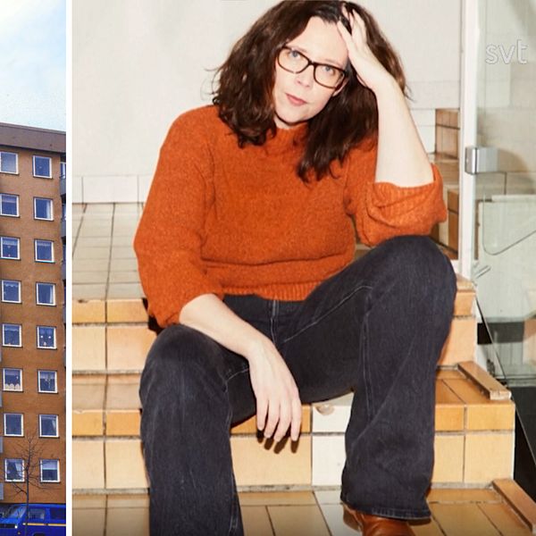 Höghus i Rinkeby till vänster. Författaren Elise Karlsson i en annan bild till höger. Orange tröja har hon på sig och sitter i en trappuppgång.