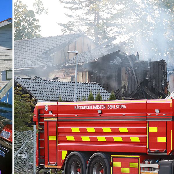 En pappa och ett barn utanför en radhuslänga i stadsdelen Flacksta i Eskilstuna efter en brand. Till höger bild på brandbil och del av brinnande radhuslänga.