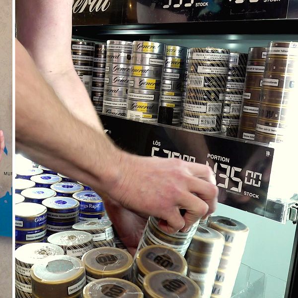 Bilden är ett montage av två bilder. Till vänster gör en man rörelser med händerna och till höger plockar man snus.