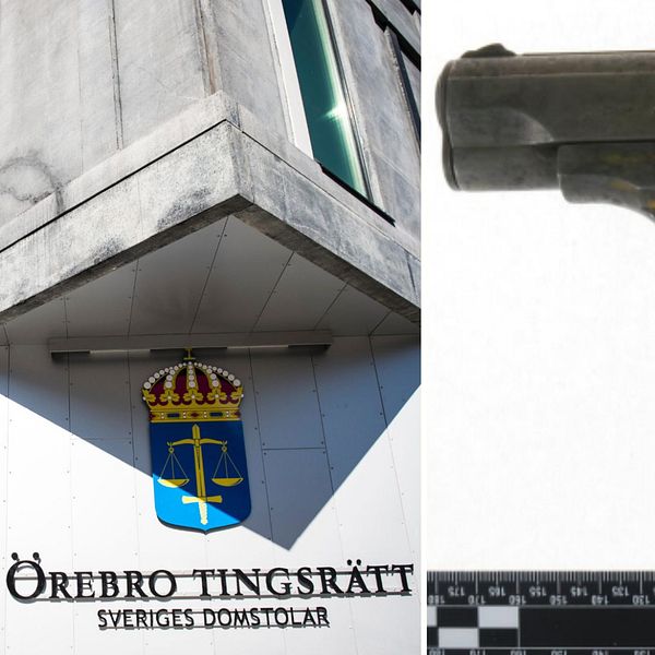 Fasad från Örebro tingsrätt. Närbild på pistol av märket Zastava.