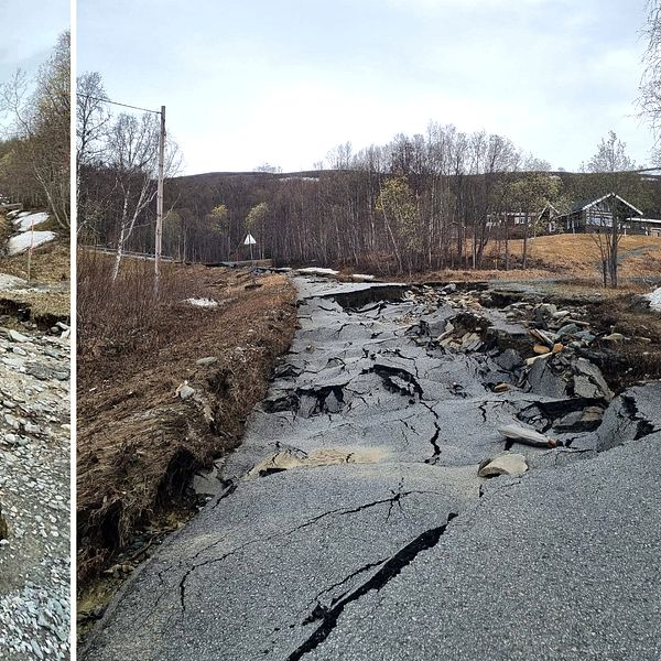 Vägen har kollapsat och ryckts med i vårfloden. Stenar och asfalt ligger huller om buller.