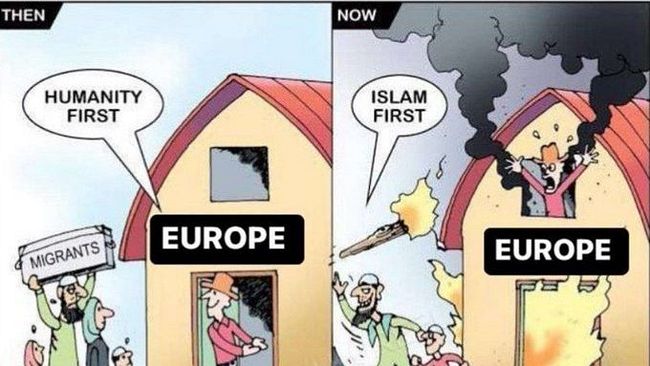 En delad bild som jämför två scenarier: till vänster visas en familj som bär en skylt med texten ”MIGRANTS” och en inskription ”HUMANITY FIRST” över en husfasad märkt ”EUROPE”. Till höger syns en orolig scen med rök och eld, där en person utbrister ”ISLAM FIRST”, också med ”EUROPE” över husfasaden.