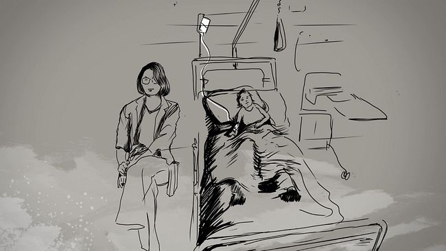 Illustration av en mamma och ett litet barn. Barnet ligger i sjukhussäng, mamman sitter bredvid.