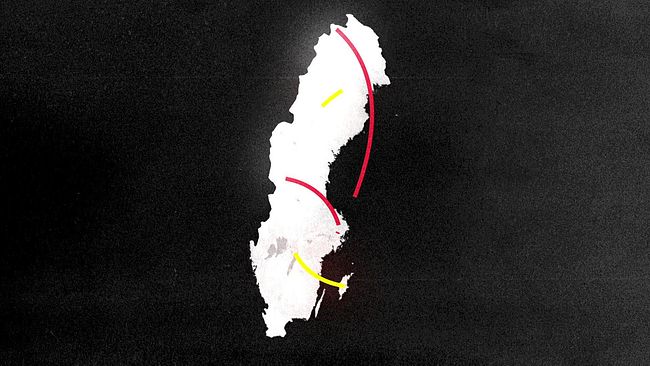 En Sverigekarta mot mörk bakgrund med pilar i olika färger som indikerar flyttmönster.