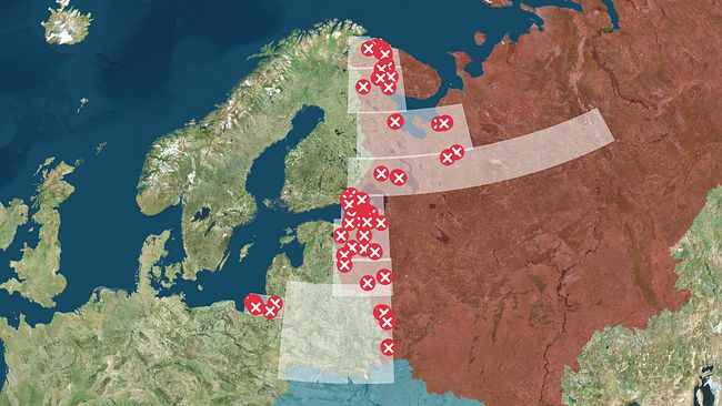 Karta över 119 blurrade platser i Ryssland nära Natos östra gräns