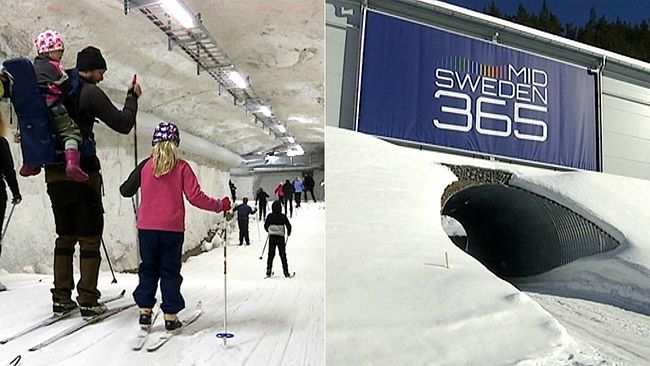 Bild med barnfamilj som åker skidor inne i en snöig skidtunnel, och en bild på ingången till tunneln med en skylt med texten ”Mid Sweden 365”.